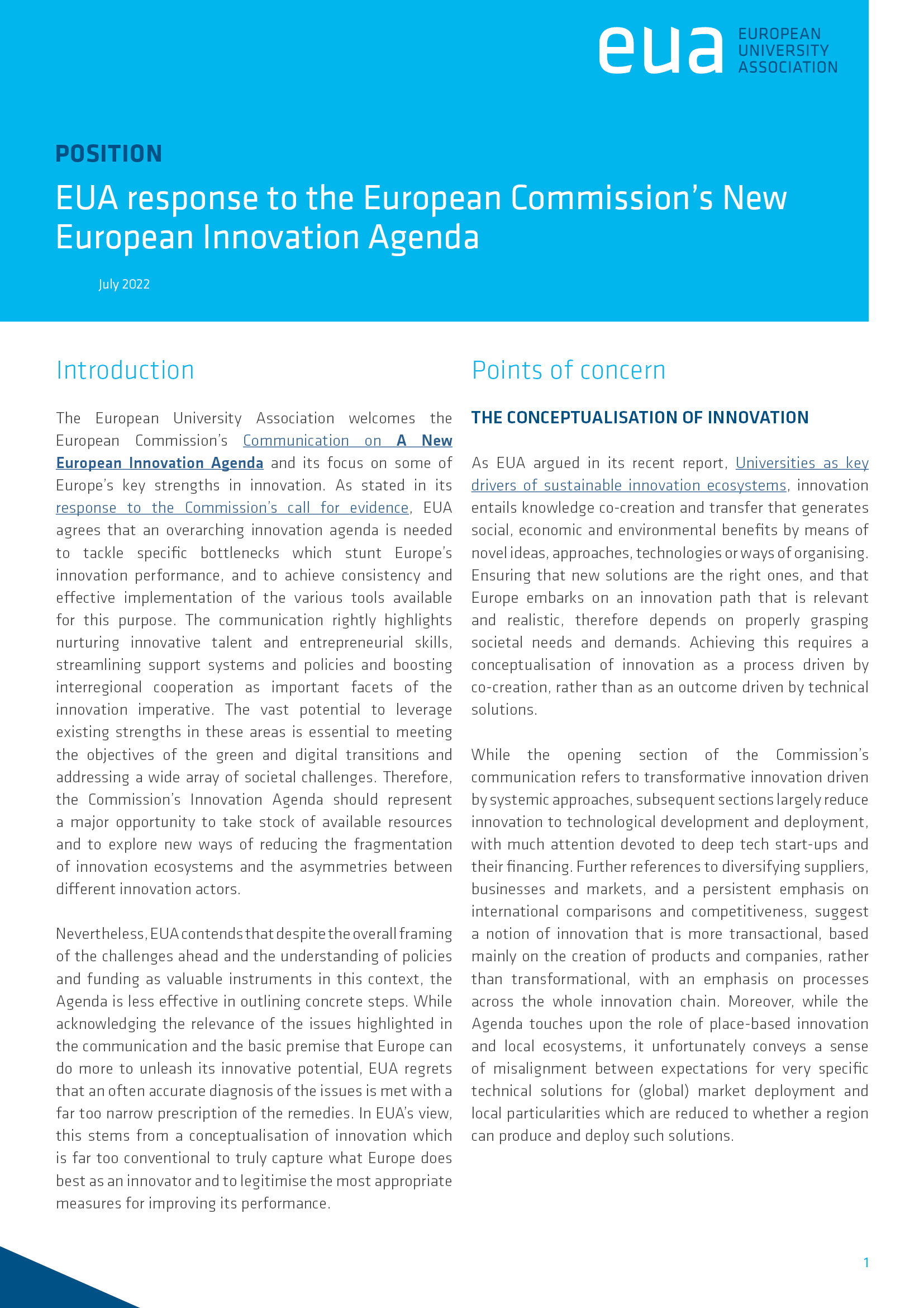 EUA response to the European Commission’s New European Innovation Agenda