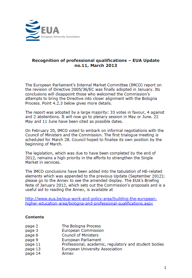 Update on EU legislation on the recognition of professional qualifications March 2013