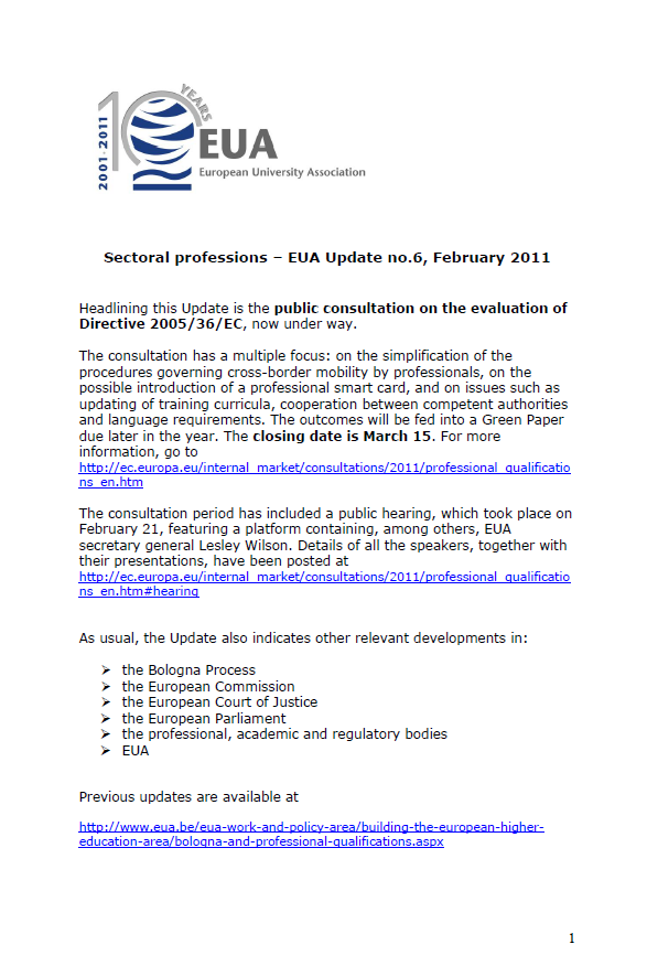 Update on EU legislation on the recognition of professional qualifications February 2011